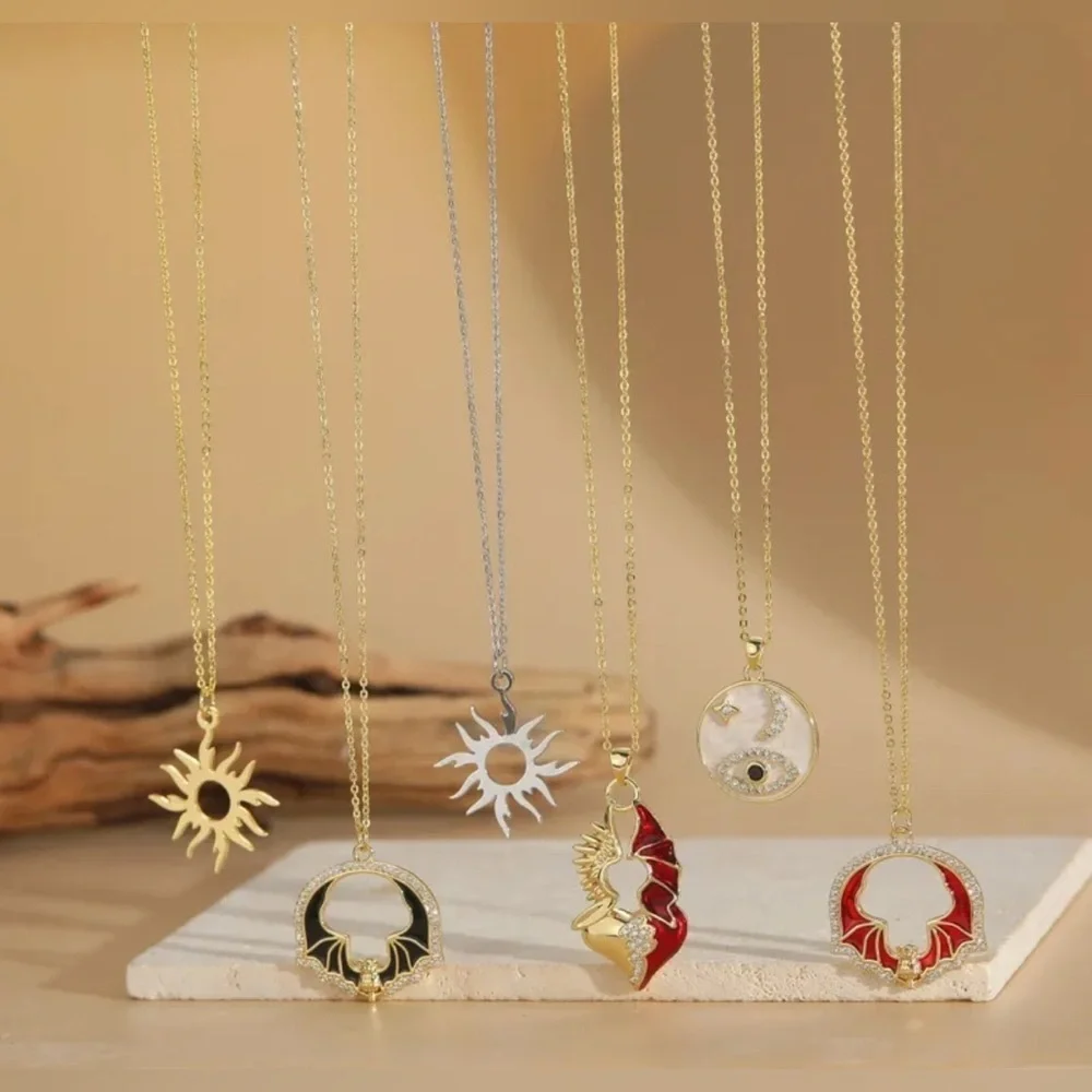 14K Gold Angel & Demon Wings W/ Pave Diamond Inlay Red Enamel Yin Yang Goth Punk